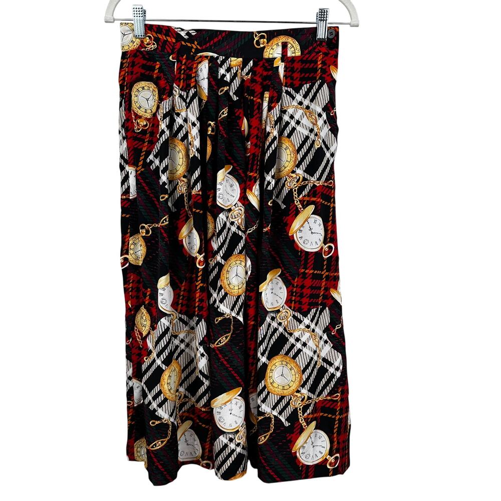 VTG Jones New York Silk Skirt Chain Watch Print Midi Red Pleated 10P Old Money